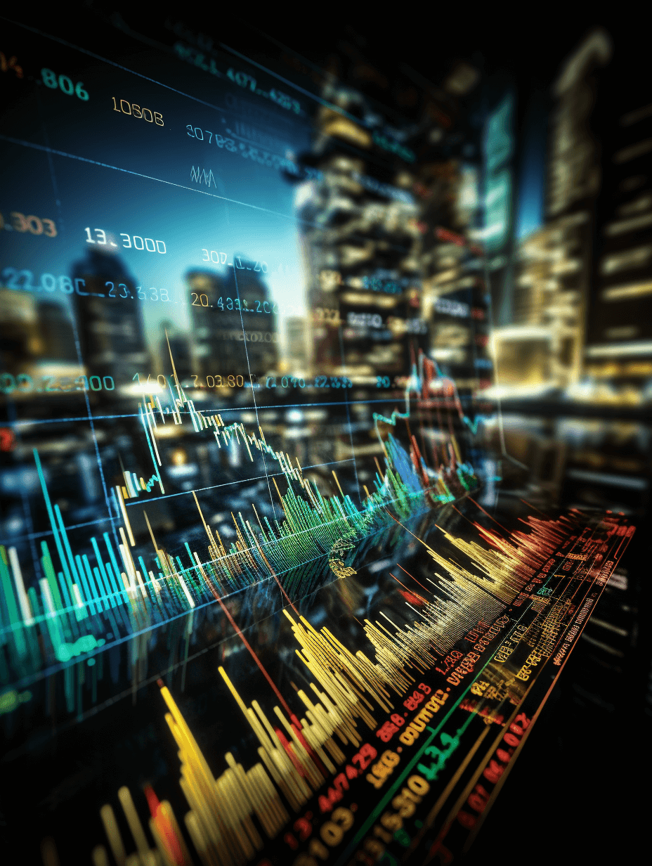 digital background of stock market charts and graphs with blurry cityscape in the back, high resolution, highly detailed, sharp focus, stock photo, photography