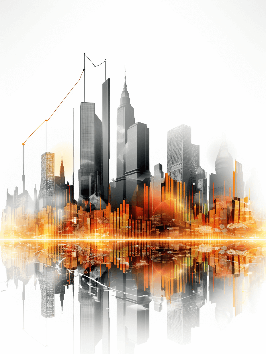 digital cityscape with rising graph, white background, orange and grey color theme, abstract design elements