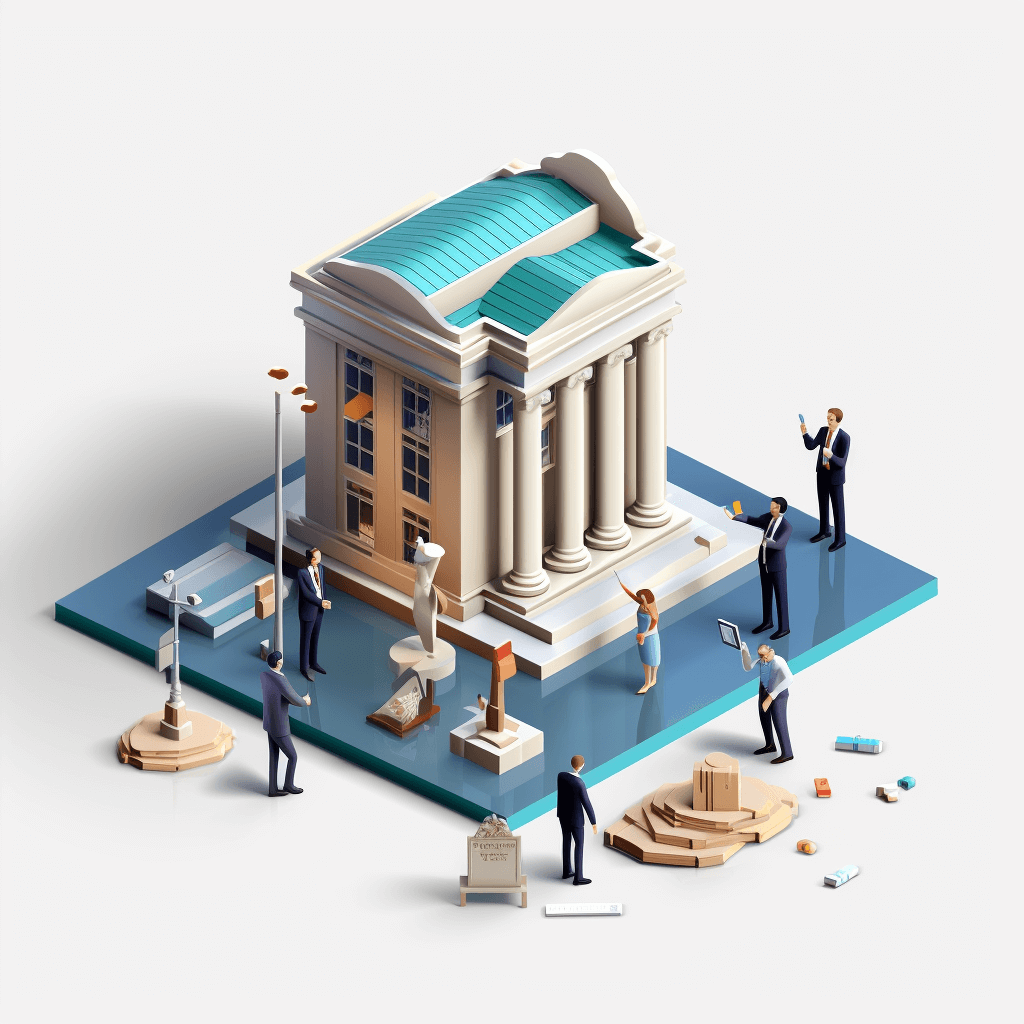 3d isometric illustration of people in suits working on building a bank, with a blue roof and white columns. People around it standing up and looking at each other talking. There are also some tools lying next to them, such as lightsabers, paintbrushes, books, and more. The background color should be white. The illustration should be done in the style of [Banksy](https://goo.gl/search?artist%20Banksy).