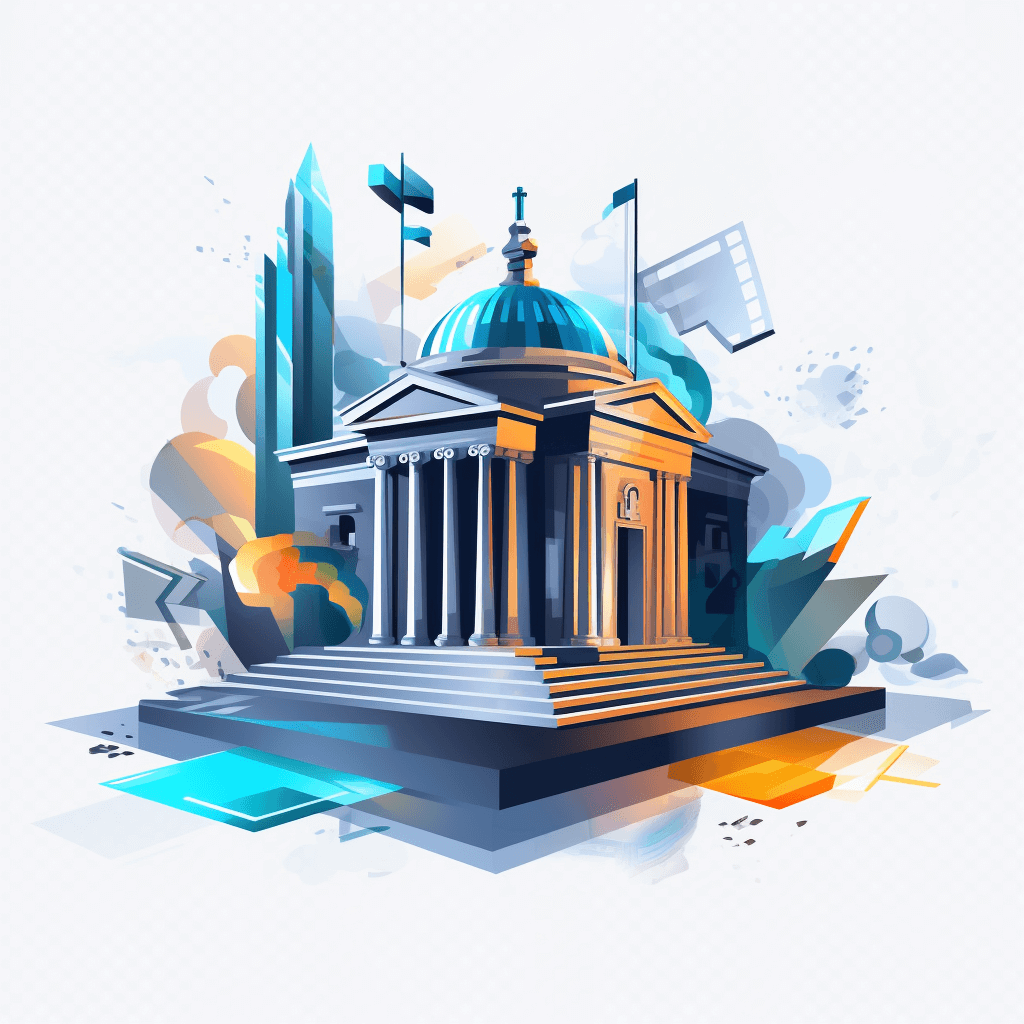 A bank building with pillars, a dome and stairs on the side is surrounded by abstract shapes such as film strips, computer screens, cityscape elements, flat design style illustrations, a blue color palette, a white background, in the style of vector art, simple shapes, low details, bright colors, minimalistic, geometric forms, in the style of digital rendering, high resolution, hyper realistic.