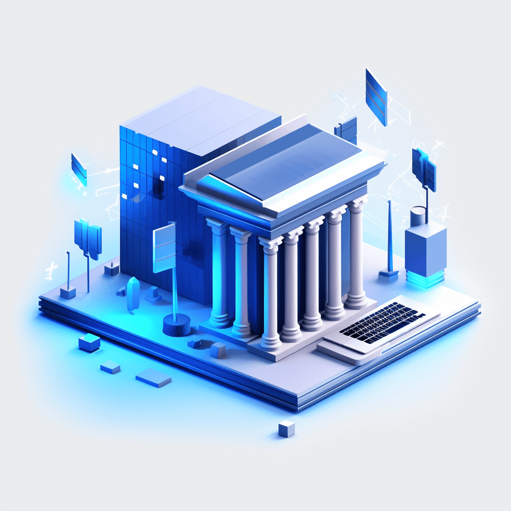 A bank building with columns and blue lights on the top, isometric illustration in the style of laptop, white background, blue shades, digital elements around it, blue color palette, vector graphics, flat design, high resolution, high detail, 3D render, 4K, high contrast.