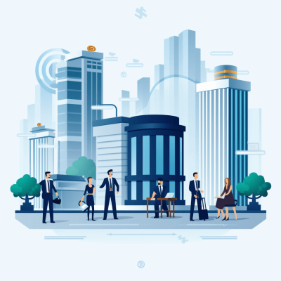 A flat vector illustration of business people in suits standing around an open air bank, surrounded by skyscrapers and other buildings, blue color palette, white background, minimalistic design with geometric shapes, simple lines, and flat colors, modern digital art style inspired by the aesthetics of contemporary graphic designs and social media illustrations.