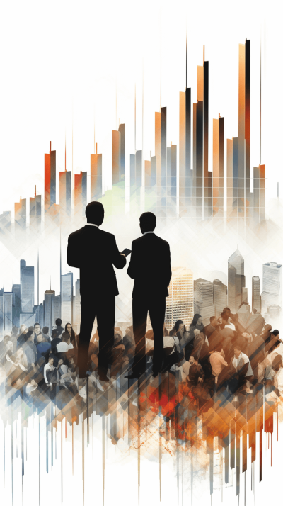 vector illustration of two business men in suits talking to each other, surrounded by crowd on city background with stock market chart and skyscrapers, muted colors, white background, double exposure photography, oil painting, colorful splashes, bright color palette, dark black thick lines vector art