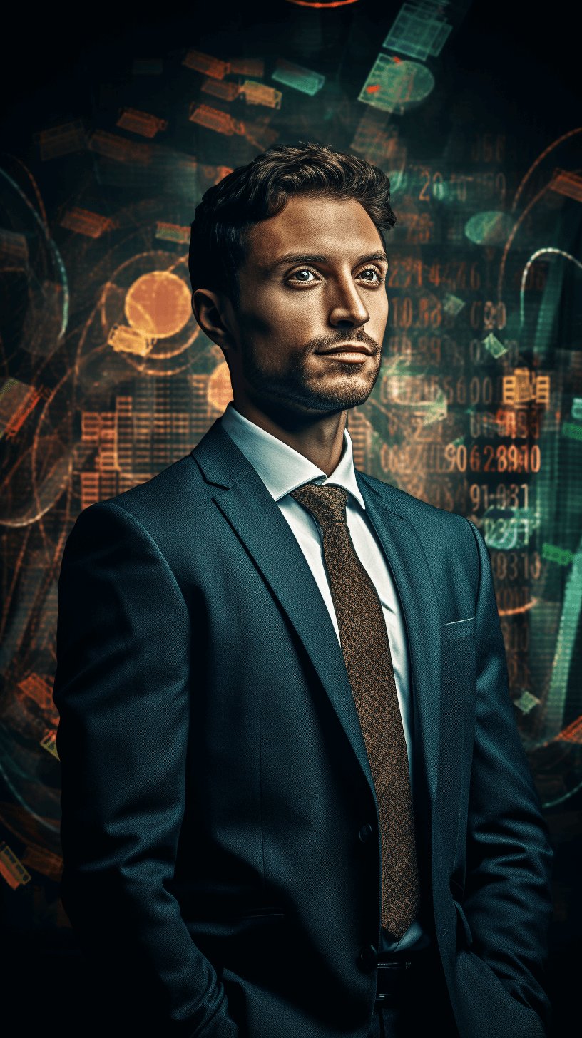 A portrait of an adult man in a suit, he is handsome and has short hair, looking at the camera with green eyes, behind him there is a digital wall with numbers floating around, numbers show stock market trends, photorealistic, shot on a Sony Alpha A7 III in the style of digital art.