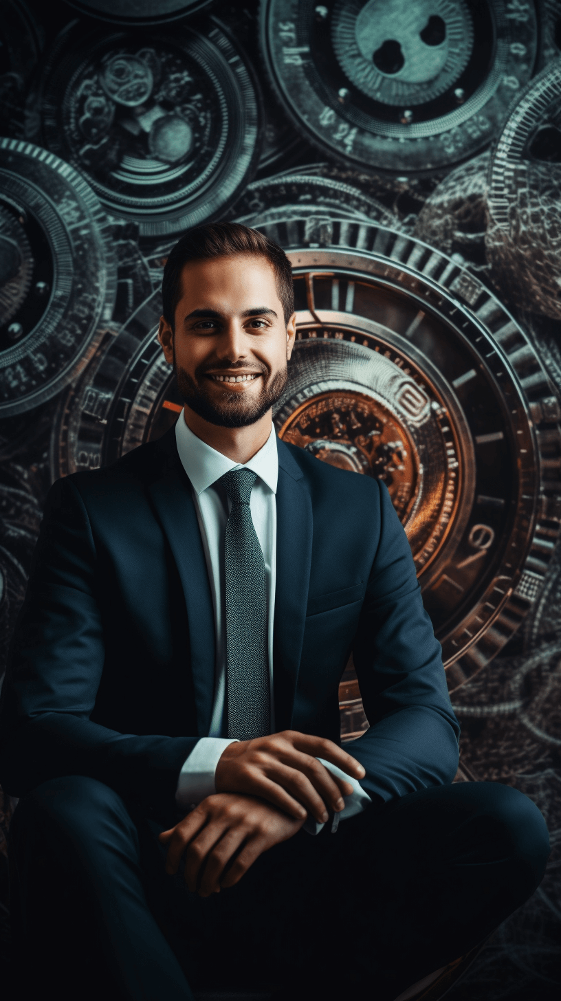 A portrait of a smiling business man sitting on top of a big watch, with a background made from clock gears and mechanical parts, looking at the camera, in a dark gray color, award winning photography in the style of Loeve & S brakelel l opol McMaster with a whimsical background, cinematic lighting, from a professional photo shoot, high resolution photography.