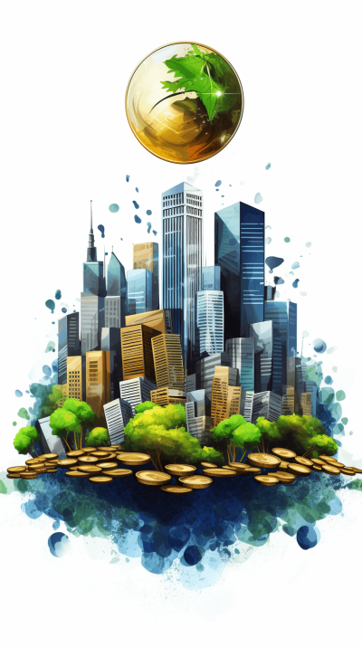 A digital illustration of an urban skyline with skyscrapers and green trees, seen from above. In the center is a large gold coin on top of buildings that resembles earth's globe. The cityscape appears to be set against watercolor splashes in blue tones, adding depth and vibrancy. This design symbolizes modernity while highlighting environmental protection through sustainable development. The background is white and the art style is vector.