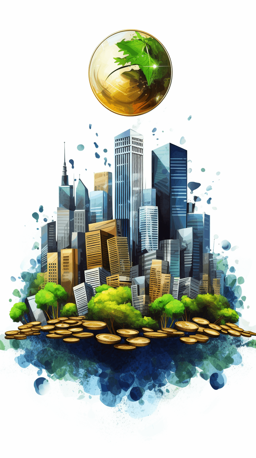 A digital illustration of an urban skyline with skyscrapers and green trees, seen from above. In the center is a large gold coin on top of buildings that resembles earth’s globe. The cityscape appears to be set against watercolor splashes in blue tones, adding depth and vibrancy. This design symbolizes modernity while highlighting environmental protection through sustainable development. The background is white and the art style is vector.