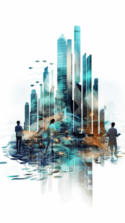 A digital art piece depicting the future of urban development, showcasing smart city technology and people interacting with it on a white background, in a futuristic style, with a double exposure technique for depth, featuring skyscrapers, cars, and people in business attire using mobile devices, with dynamic lighting effects, creating an atmosphere of innovation and progress.