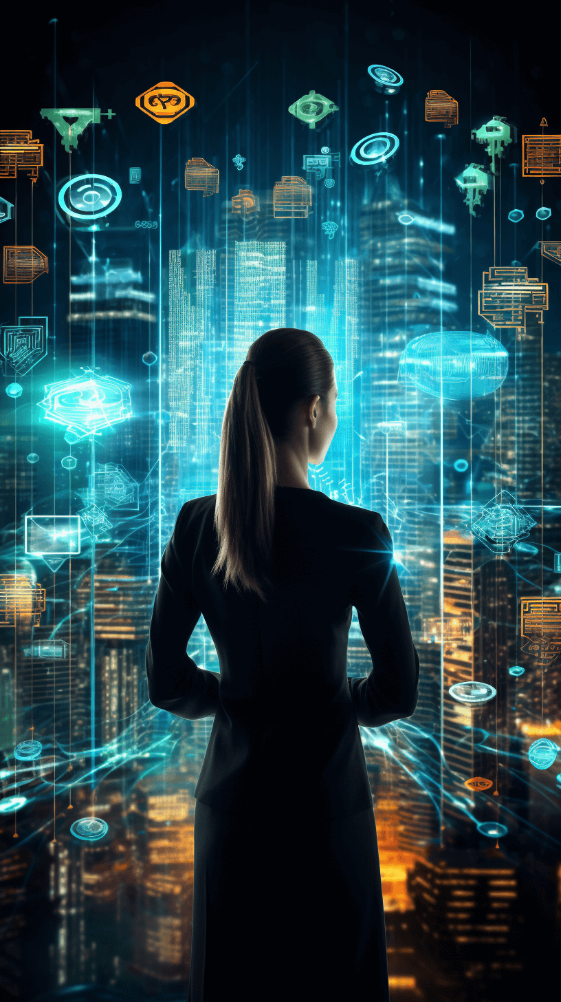 Businesswoman in black suit stands with her back and looks at the city, which is surrounded by glowing symbols of technology like augmented reality graphics or virtual mobile containers floating above it, dark background, high resolution photography