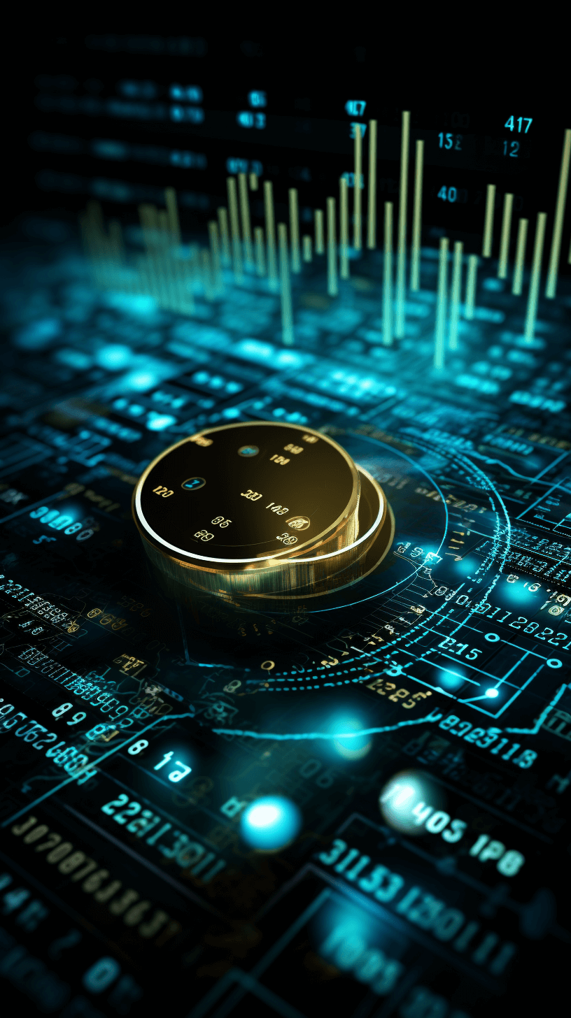 3d illustration of gold coin on digital background with stock market charts, dark blue and black colors, light reflection, volumetric lighting, cinematic