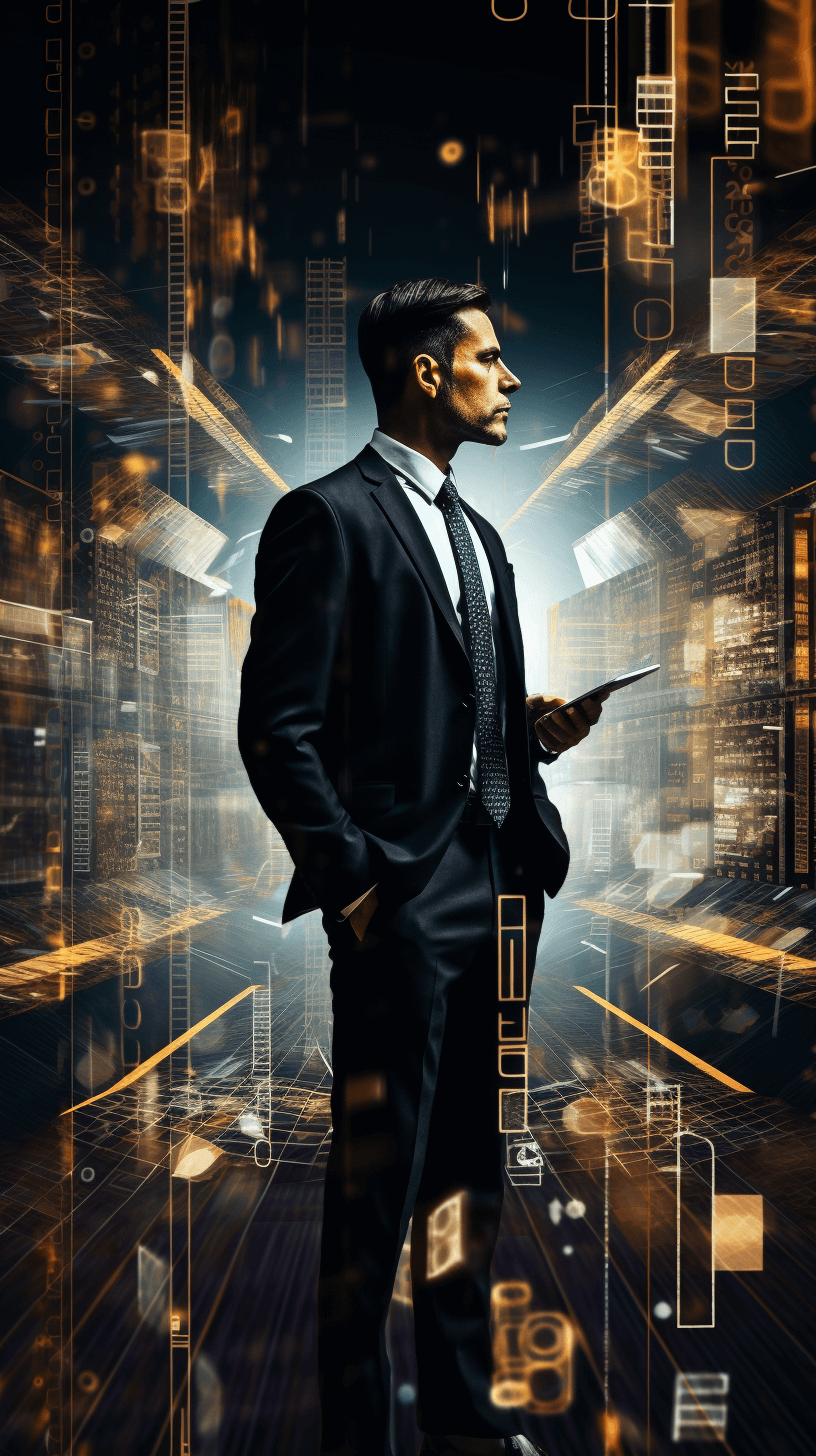 A confident businessman in a suit stands confidently, holding an iPad and looking at the camera with his hand on his hip, surrounded by digital elements like floating code symbols, data streams, or virtual screens. The background is dark with scattered light rays creating a dynamic effect. In front of him, there is another man also dressed as a business professional using a smartphone to work, with buildings in the distance, all depicted in detailed vector art style.