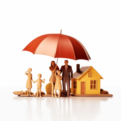 A family with an umbrella and house on a white background, in a minimalistic style, with a simple design, made of paper mache, a 3D rendering, a family of 4 people standing under an open reddish orange umbrella, one adult man in a suit holding the woman's hand who is wearing dress , two children playing near them, a small yellow wooden house beside all the characters, on a white background, isolated.