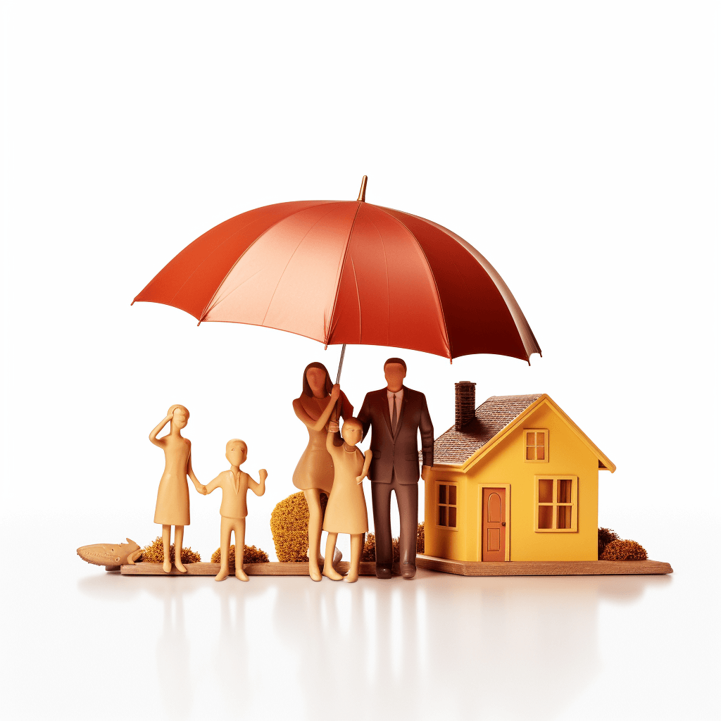 A family with an umbrella and house on a white background, in a minimalistic style, with a simple design, made of paper mache, a 3D rendering, a family of 4 people standing under an open reddish orange umbrella, one adult man in a suit holding the woman’s hand who is wearing dress , two children playing near them, a small yellow wooden house beside all the characters, on a white background, isolated.