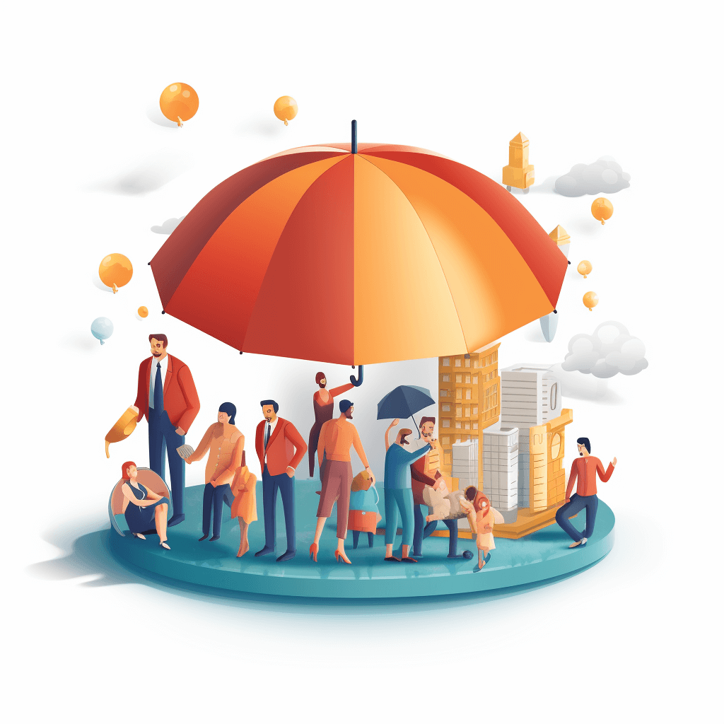 Illustration of an umbrella protecting people from the elements, with businesspeople and families under it on a white background, in an isometric view, with an orange red color palette, in the style of a 3D render, as a detailed vector art illustration, with white space around objects, and a light gray to dark navy blue gradient in the background.