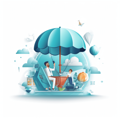 Illustration of an umbrella protecting two business people from the elements, surrounded by cloud and money icons in light blue tones on a white background. The scene includes one man with his phone up to his ear while sitting under a large open air balloon, alongside another person seated at their desk with digital graphics around them representing financial growth. It is depicted as a flat vector illustration with clean lines and a minimalistic design, in the style of a vector artist.