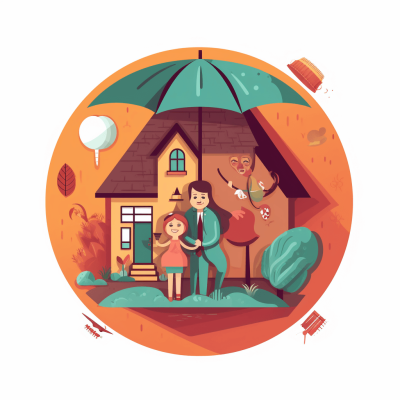 An illustration of family under an umbrella, standing in front house with pet dog and cat. The scene is depicted in flat design style with vibrant colors and exaggerated proportions to emphasize the warmth between characters. In circle shape. Vector graphics. Flat artstyle. Clean lines. No gradients. Solid orange background. Vibrant color palette. Bright and cheerful mood. simple shapes. Simple details.