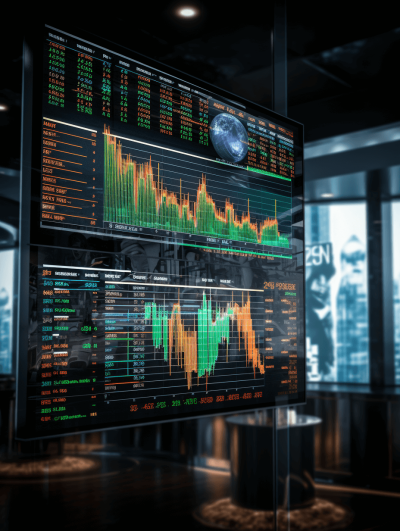 futuristic stock market screen with green and orange color code, data visualization of the world's wall street in the background, glass room, photorealistic, hyperrealism, high resolution photography, depth of field, cinematic lighting, hdr, high details, natural light.