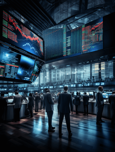 Realistic stock trading floor with people, large screens displaying financial data and charts, business suits, dark lighting, high-tech atmosphere, detailed textures of the environment, wide-angle perspective showcasing multiple men in their work areas, hyperrealism, cinematic photography style.