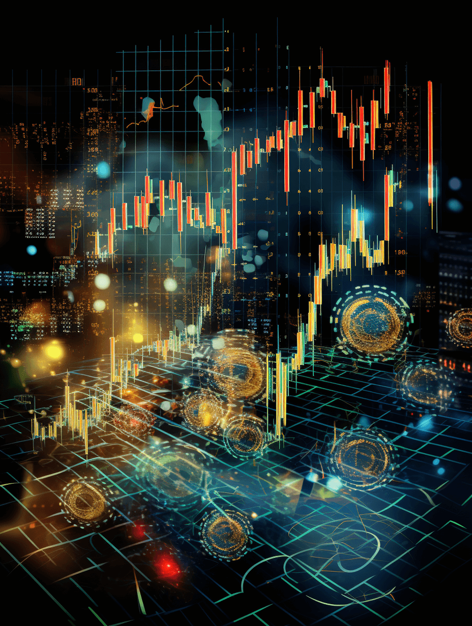 A stock market graph with candles, candlestick chart in the background of a futuristic cityscape, in the style of a hologram, digital illustration, digital design elements with gears and cables, blue light, orange glow, green glow, black sky, white highlights, dark grey and gold color palette, with a depth of field effect, motion blur, bokeh, digital art.