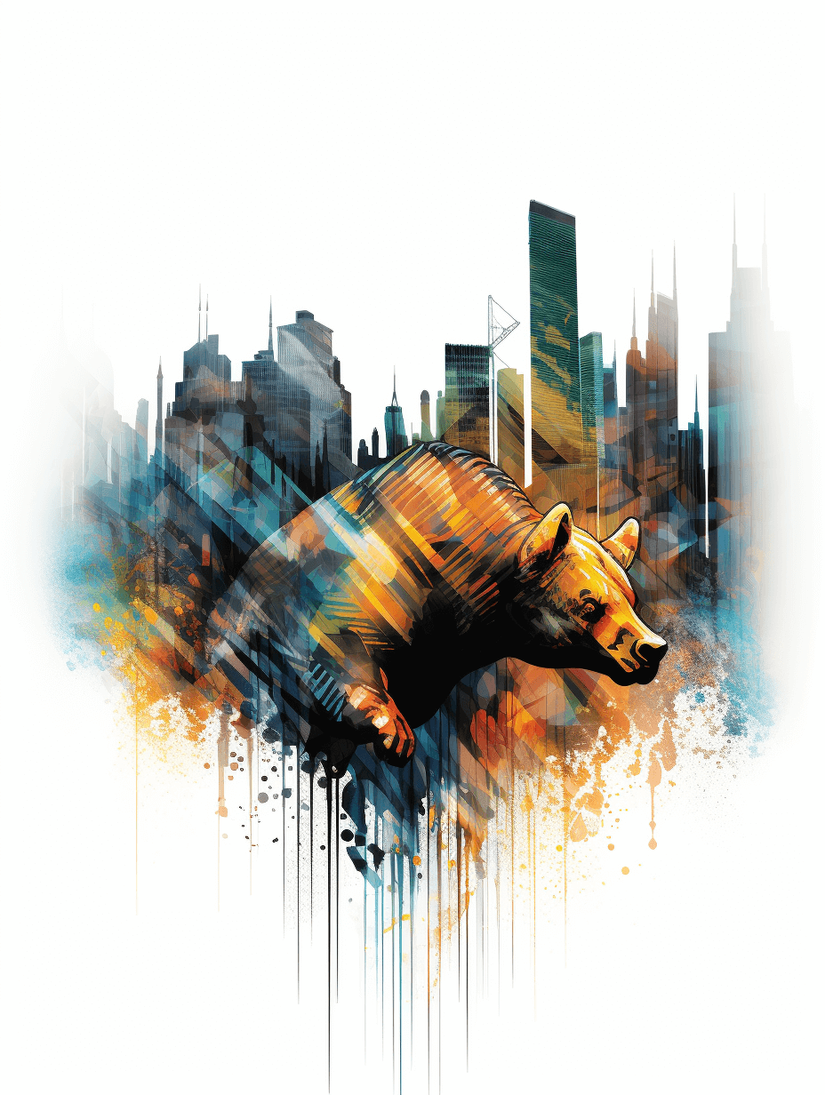 vector illustration of a bear attacking the city, white background, color splashes, double exposure effect. The illustration is in the style of double exposure with color splashes against a white background depicting a bear attacking the city.