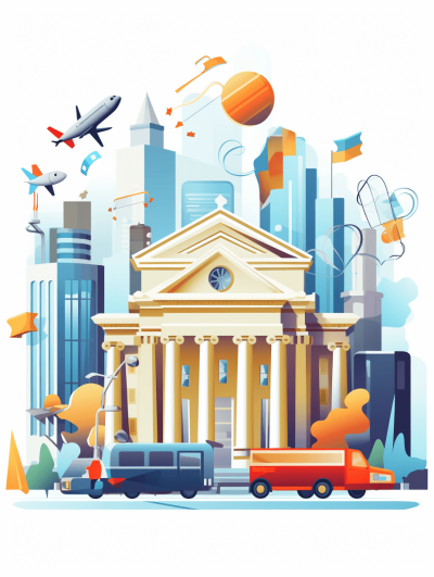 A bank building surrounded by flying vehicles, vector illustration in a flat style with a white background and blue details, featuring light orange and navy colors. The scene includes the museum's exterior with large columns and arches, a truck parked outside, an airplane soaring above, flags waving on buildings, tall skyscrapers standing beside it, all rendered in a clean and simple design. This composition is suitable for web clipping or social media use. It embodies minimalism while conveying urban life through vibrant colors in the style of minimalism.