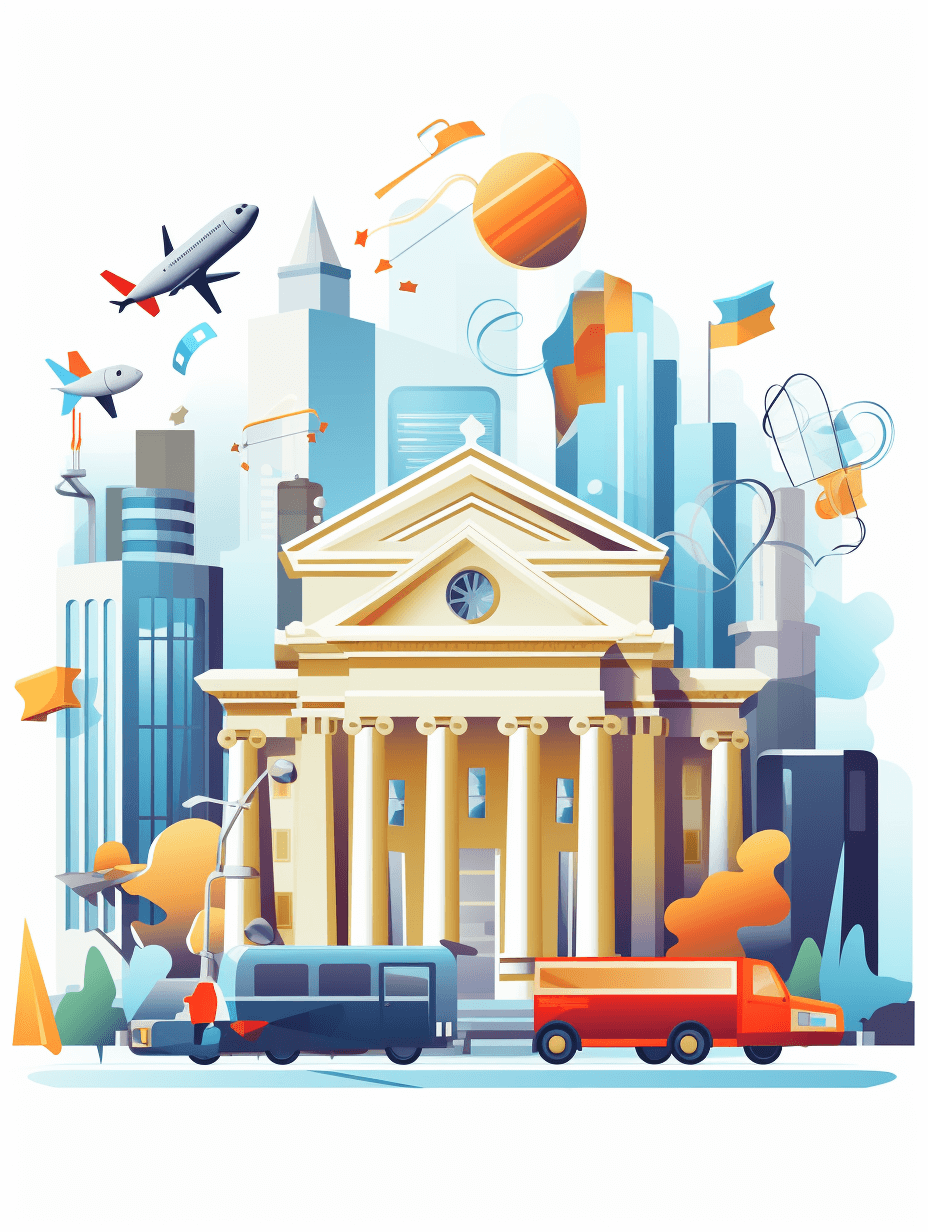 A bank building surrounded by flying vehicles, vector illustration in a flat style with a white background and blue details, featuring light orange and navy colors. The scene includes the museum’s exterior with large columns and arches, a truck parked outside, an airplane soaring above, flags waving on buildings, tall skyscrapers standing beside it, all rendered in a clean and simple design. This composition is suitable for web clipping or social media use. It embodies minimalism while conveying urban life through vibrant colors in the style of minimalism.