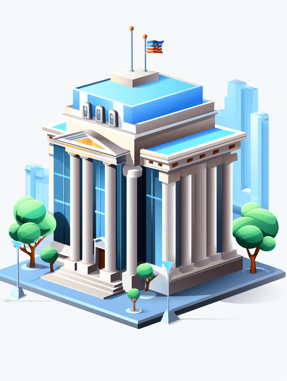 The bank building has an isometric view in the game art style with a simple design. It features a white background with a blue and green color scheme. Suitable for a mobile app icon, the building has a flag on top of the roof and marble columns in front. Trees are around it with clean lines, flat colors and a low poly art style.