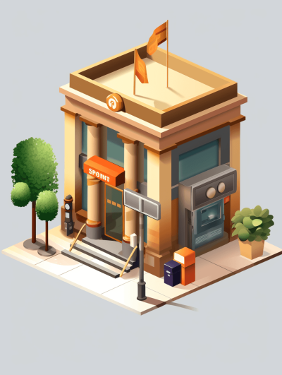 3D isometric vector illustration of a post office building with an orange flag on top and a sports-themed sign. A coffee shop entrance is depicted in front of the store against a simple background with soft colors in the style of a cute style. The digital art has a simple design and high resolution with no text or symbols.