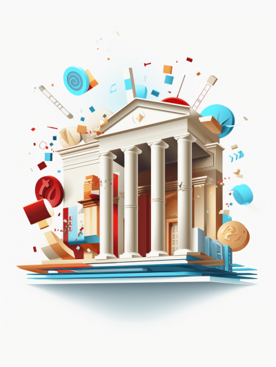 Illustration of an ancient bank building with columns, surrounded by modern elements such as credit cards and coins floating in the air. The design is colorful and playful, using flat shapes to create depth. white background.