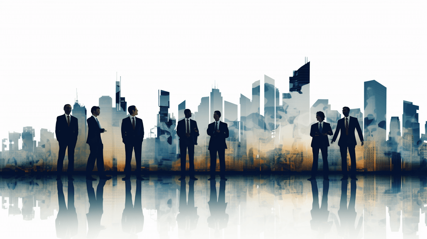 A group of business people standing in front of an urban skyline, double exposure photography, abstract painting style, white background, and high resolution. The silhouettes of the men stand against the backdrop of skyscrapers with reflections on water. Each man is dressed elegantly in suits or ties, symbolizing their role as commanding figures within corporate environment. This scene conveys luxury, success, power, wealth, elegance, modernity, mystery.