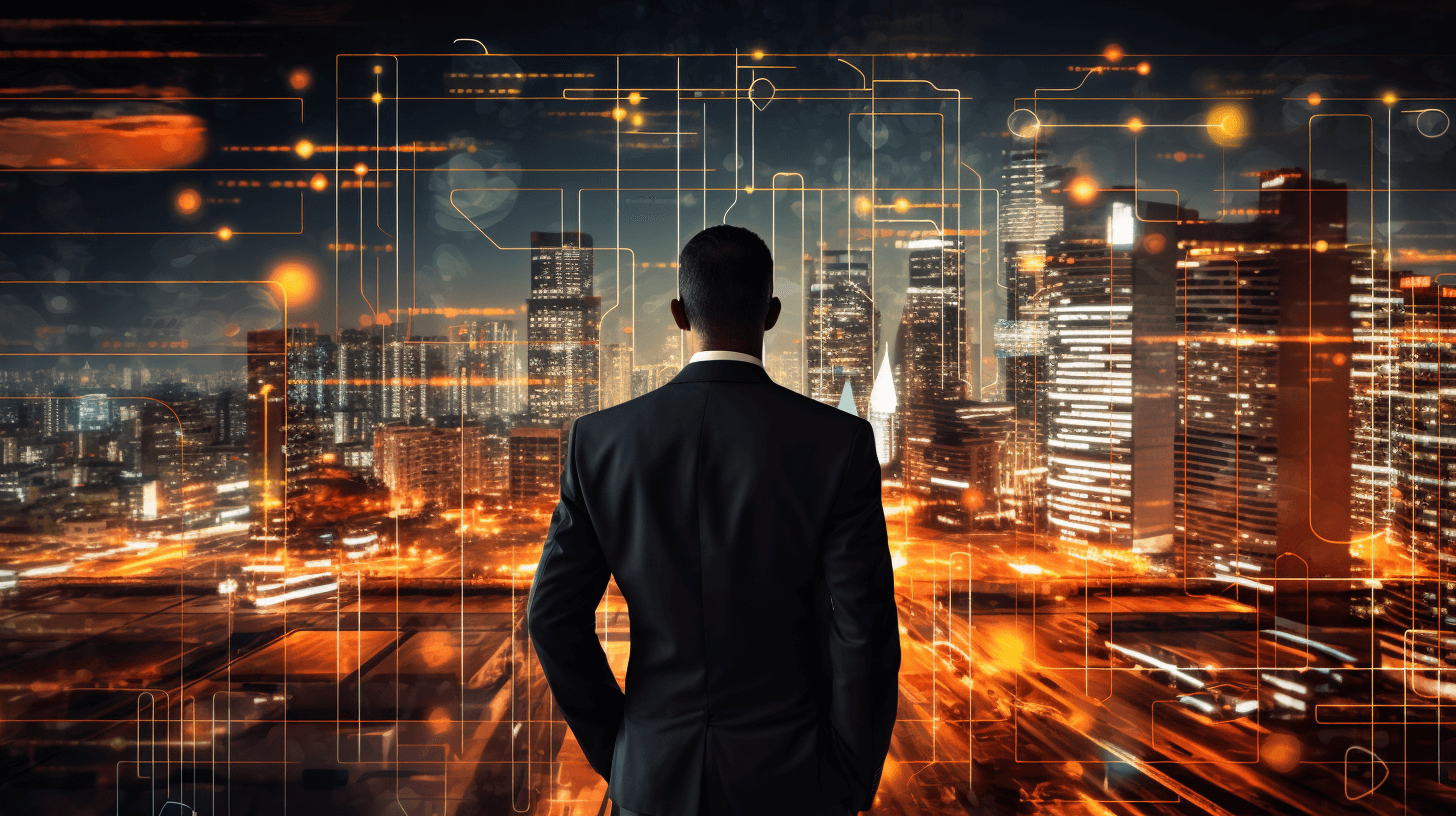 Businessman standing in front of digital cityscape with circuit lines, looking at the horizon, symbolizing technology and innovation in business, digital twin concept, futuristic urban background, orange color theme, stock photo style