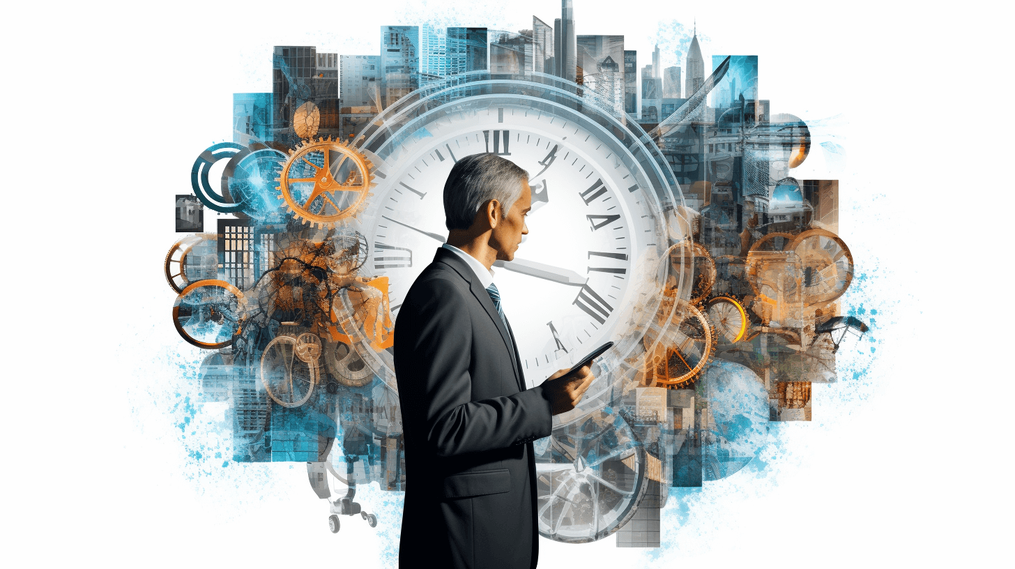 Businessman using tablet in front of clock and gears, double exposure with cityscape. Concept for time management or modern work life balance. Isolated on white background, detailed illustration in the style of a professional artist, high resolution photography, soft shadows, clean sharp focus.