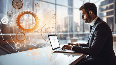 Businessman using laptop and icons of gears in motion on digital screen, working with data technology for business marketing or future plan concept in office background. Man sitting at table near window. photo realistic