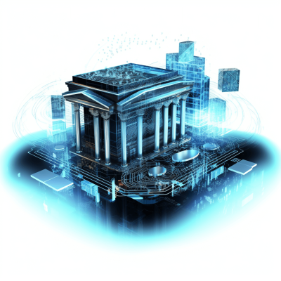 3D vector illustration of an ancient Greek bank building floating in the air, surrounded by blue holographic digital data and a white background. There is no shadow on it, the scene looks like a futuristic movie set. The main color theme should be black with light grey details. In front there is one small cube-shaped glowing hologram that resembles artificial intelligence in the style of three-dimensional shapes around a computer chip.