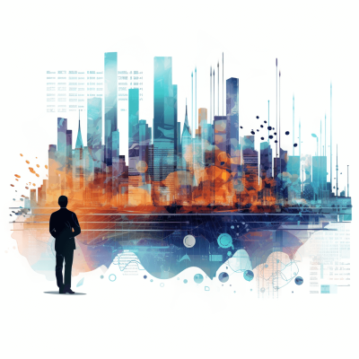 An vector illustration of an urban skyline with digital data streams, representing the concept of smart cities and AI technology. The man stands in front of a white background. It is depicted as a double exposure photography combined with watercolor elements in the style of digital art. Muted colors like black, blue, orange, teal and brown are used to create a modern look. Isolated design element for a web poster or presentation. White background. Vector Illustration. A4 format.