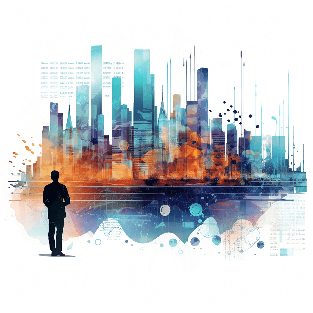 An vector illustration of an urban skyline with digital data streams, representing the concept of smart cities and AI technology. The man stands in front of a white background. It is depicted as a double exposure photography combined with watercolor elements in the style of digital art. Muted colors like black, blue, orange, teal and brown are used to create a modern look. Isolated design element for a web poster or presentation. White background. Vector Illustration. A4 format.