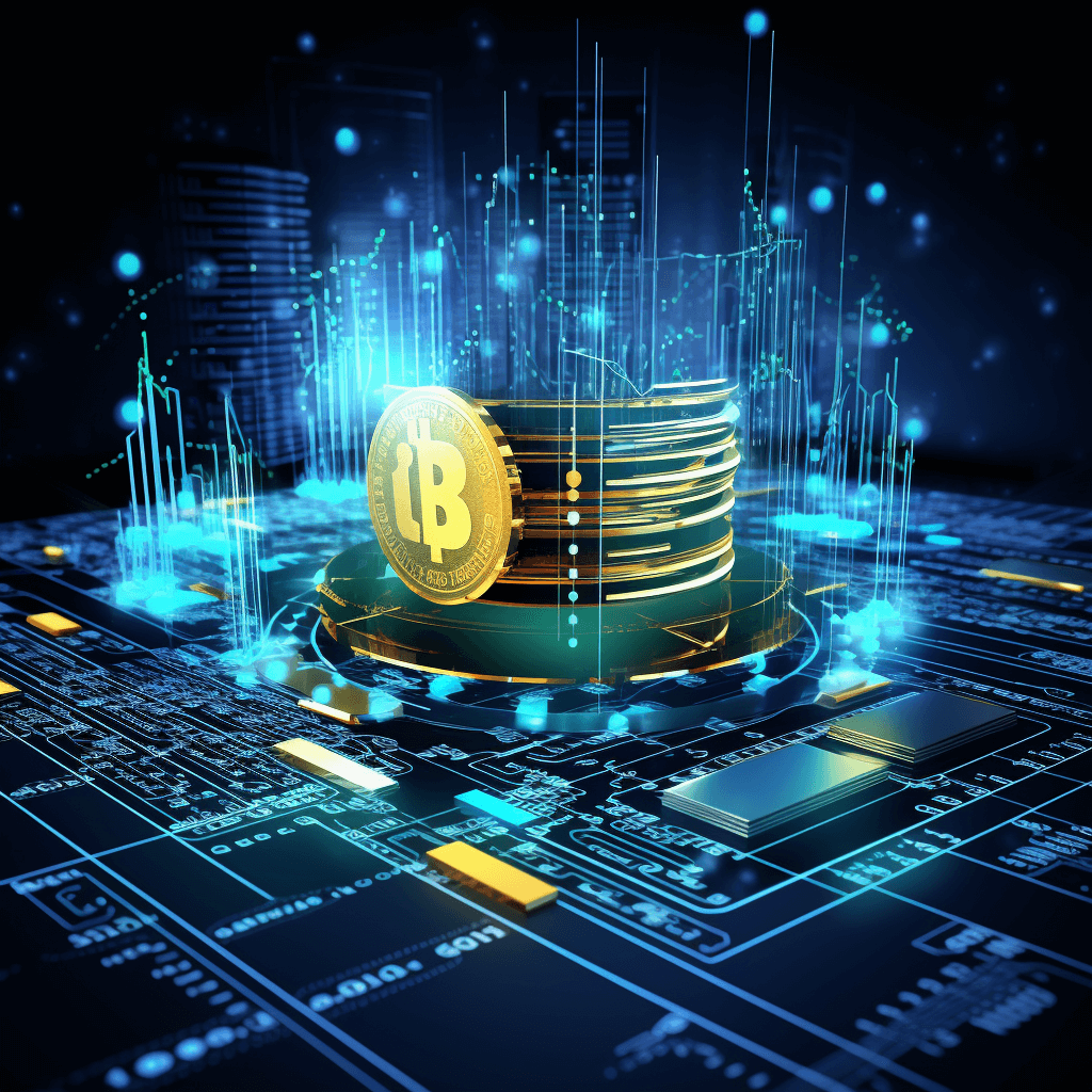 3D illustration of stacked coins on a digital background with blue glowing elements and a circuit board, in the style of bitcoin concept.