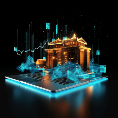 3D illustration of a laptop with holographic images and graphs floating above it, with an ancient bank building in the background, on a black isolated background, with a blue glow effect.