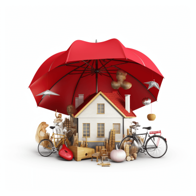 3d red umbrella floating over home with pet dog, cat and bike surrounded by items like furniture isolated on white background, detailed, png photo stock