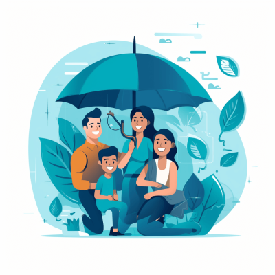 Illustration of a family under an umbrella, in a flat design style with a blue color palette and white background. The illustration includes the entire scene where two parents hold their son in front of them while sitting on the ground at the right side. They all have happy expressions. There is green leafy vegetation around them. An open dark grey umbrella hovers above the group. Vector graphics for a web banner design. A minimalistic, simple, and modern style with clean lines and a clean background, in the style of a flat design.