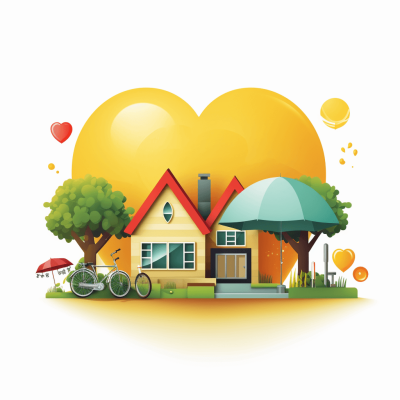 Flat vector illustration of a house with a garden, a yellow sun in the background and heart-shaped clouds on a white background. The sun is shining bright and warm, with a green tree behind the house and a bicycle under an umbrella next to it. The white background leaves white space around the scene. It has a colorful design in a simple style at a high resolution with bright colors in the style of a cartoon. The style is cute, like digital art or a 3D rendering created in Adobe Illustrator as a flat color vector at high quality and high detail with sharp focus and high resolution.