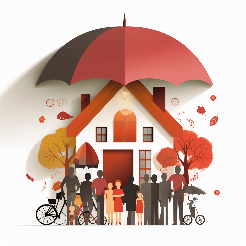 Paper art style illustration of a family under an umbrella in front of their house, surrounded by people with different activities like playing sports and riding bicycles. The color scheme is reds and oranges to symbolize warmth and care. White background. Vector design for a web banner or presentation poster about home protection from natural gradients. High resolution vector illustration, isolated on a white background.