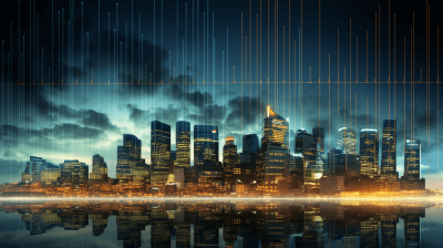 A city skyline at night with digital data lines and graphs in the sky, representing modern urban technology. The buildings should be illuminated with yellow lights, creating an atmosphere of business innovation. Use a wideangle lens to capture both the skyscrapers and the distant horizon line. Add reflections on water surfaces for depth, in the style of concept art.