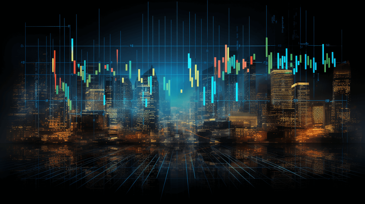 Futuristic stock market chart with a digital cityscape background, a high-tech trading platform concept, financial data visualization in dark blue and black colors, in the style of a stock photo.