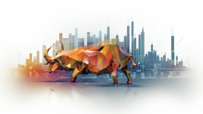 Abstract bull with city skyline background, stock market concept on white background, in the style of polygonal style, in the style of low poly design, digital art, digital rendering, high resolution, high quality, high detail, high contrast, professional photography, professional lighting, cinematic, sharp focus, no blur