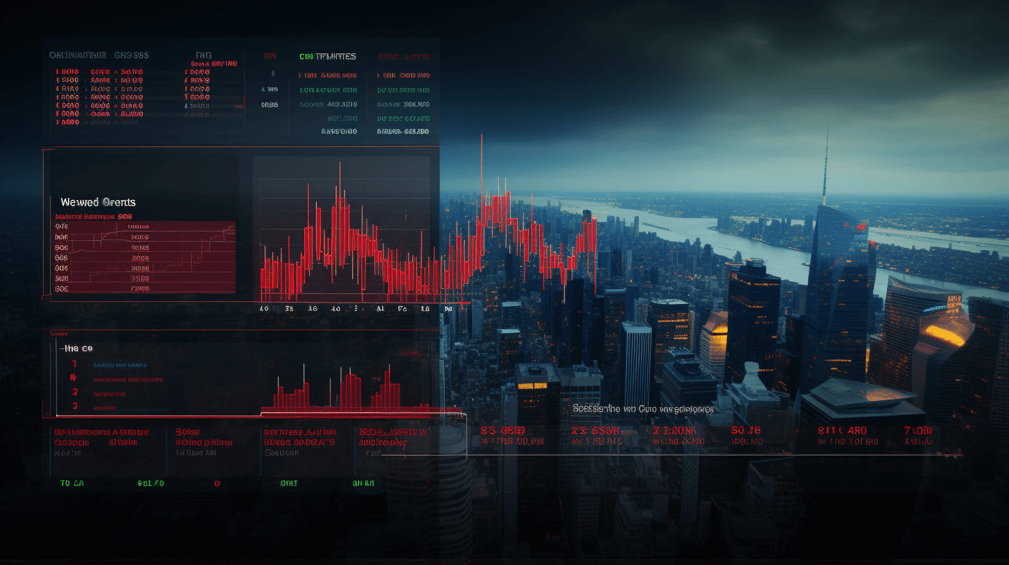 Realistic stock market screen with red and black color scheme, displaying graphs of financial data, cityscape in the background, dark sky above. High resolution. In the style of an unknown artist.