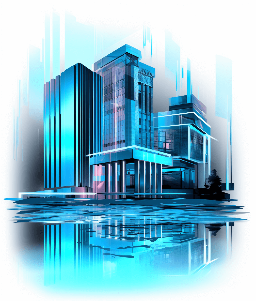 digital illustration visual of a blue building on a white background, with a blue and cyan color theme and water reflection, white space around, in the style of png transparent.