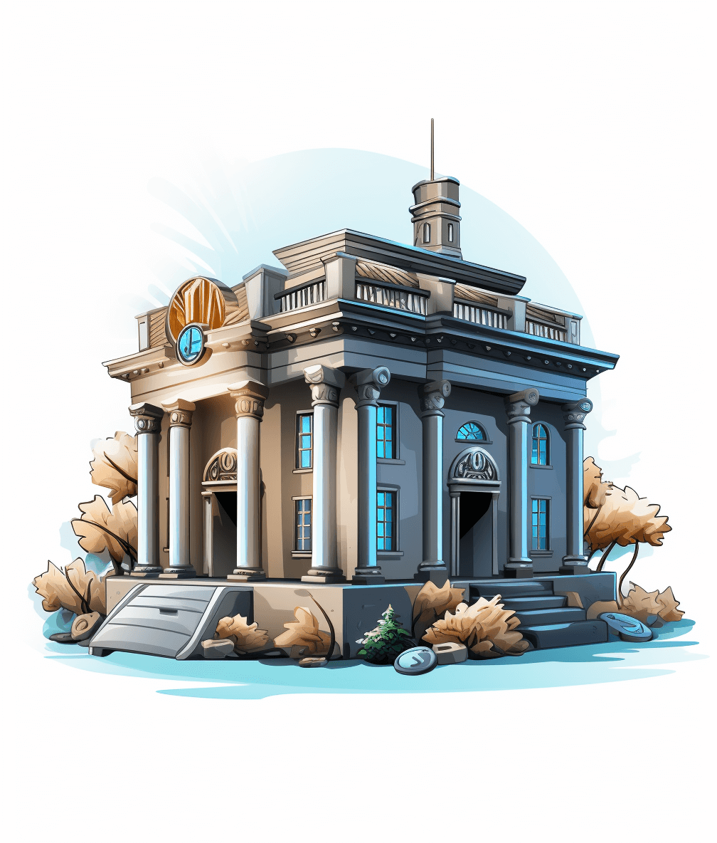 bank building in the style of game art, detailed character illustrations, subtle gradients, isolated on white background