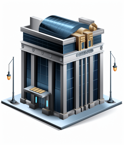 pixel art style icon of an Art Deco bank building, isometric view, white background, high resolution, very detailed, blue and gold color scheme