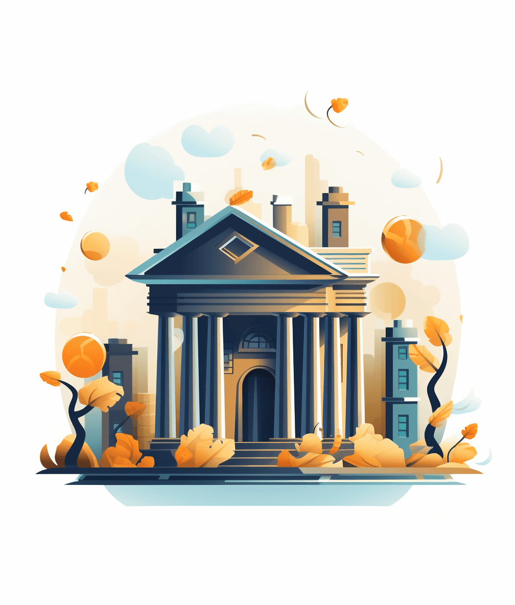 A flat vector illustration of an ancient bank building surrounded by autumn leaves, on a white background with a light blue and orange color scheme, in the style of a cute style, warm atmosphere, digital art, centered composition, minimalistic design, high resolution.